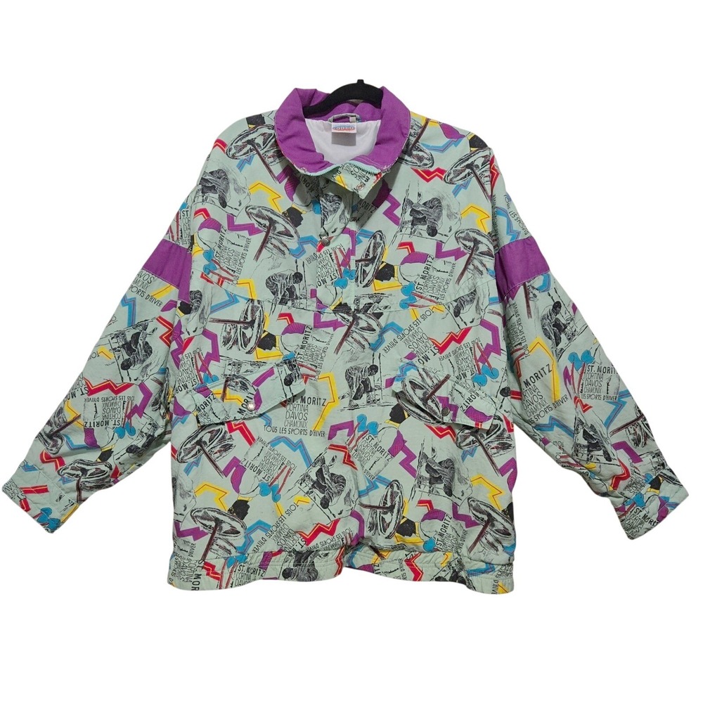 Vintage Odlo Ski Jacket St Moritz Davos Chamonix Print Purple Teal Unisex L XL